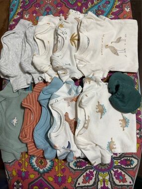 11pc; 10 Carters Bodysuits and Dinosaur Mitts (NB)